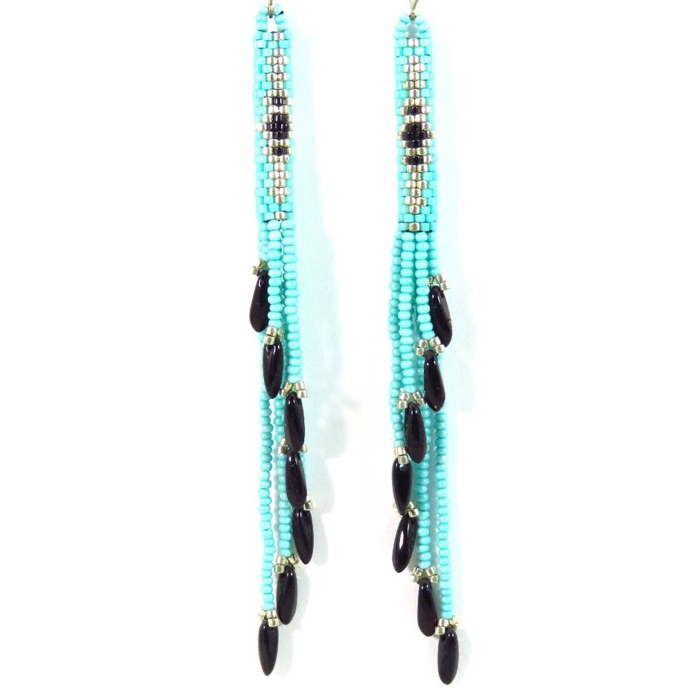 Long fringe blue beaded earrings